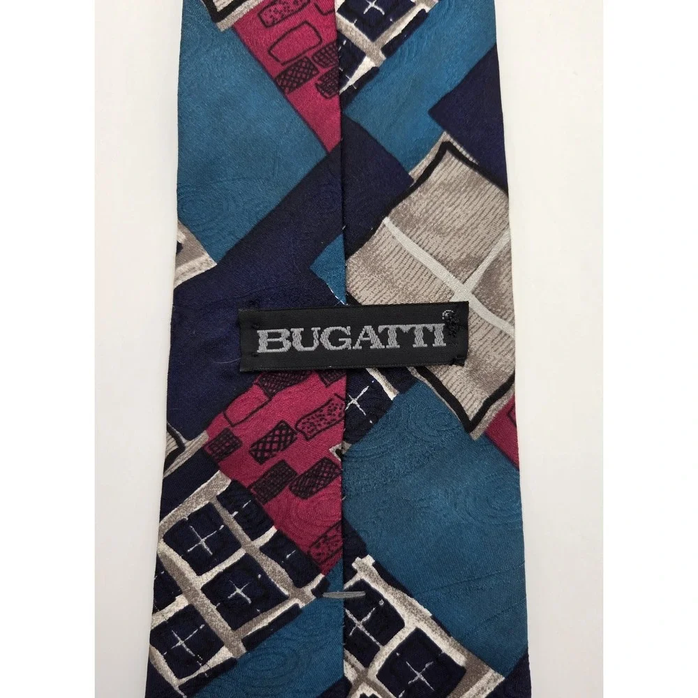 Bugatti Silk Neck Tie‎ Mens Vintage Abstract Geometric Blue Red Dress Tie